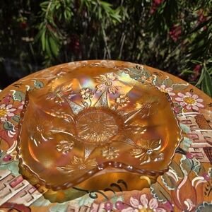 Antique Fenton Carnival Glass Little Flowers Marigold Ruffled 1908 Golden Sunset